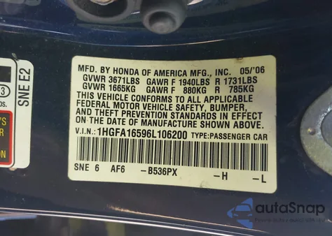 2006 Honda Civic Lx из США, поврежденный, VIN 1HGFA16596L106200